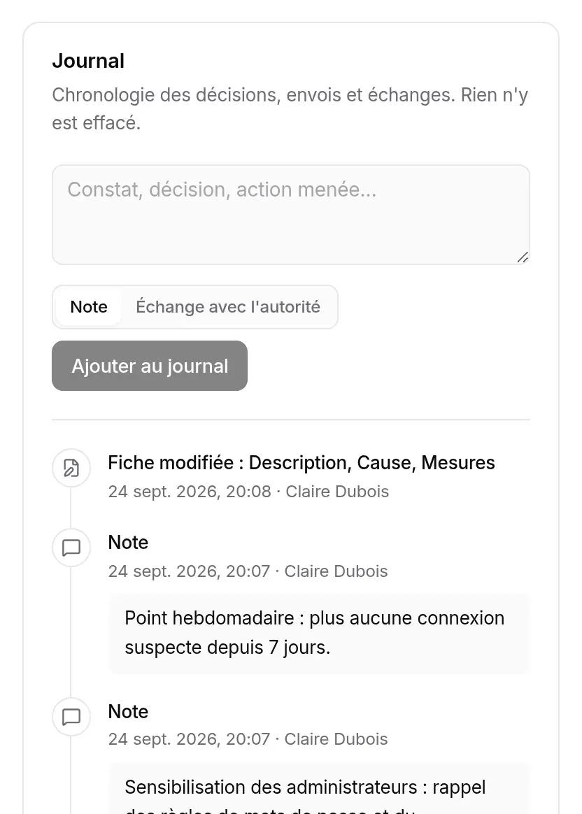 Journal de INC-2026-002 : saisie d’une note, puis les entrées les plus récentes