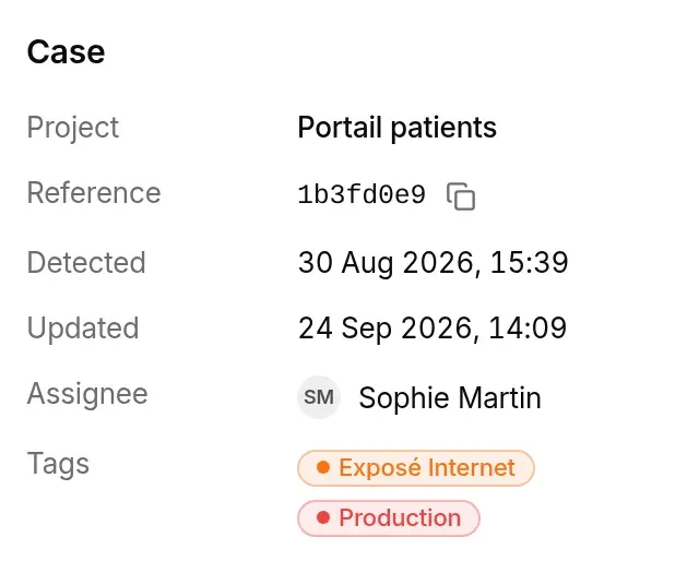 Case section, read-only: assigned to Sophie Martin, tags Exposé Internet and Production without crosses