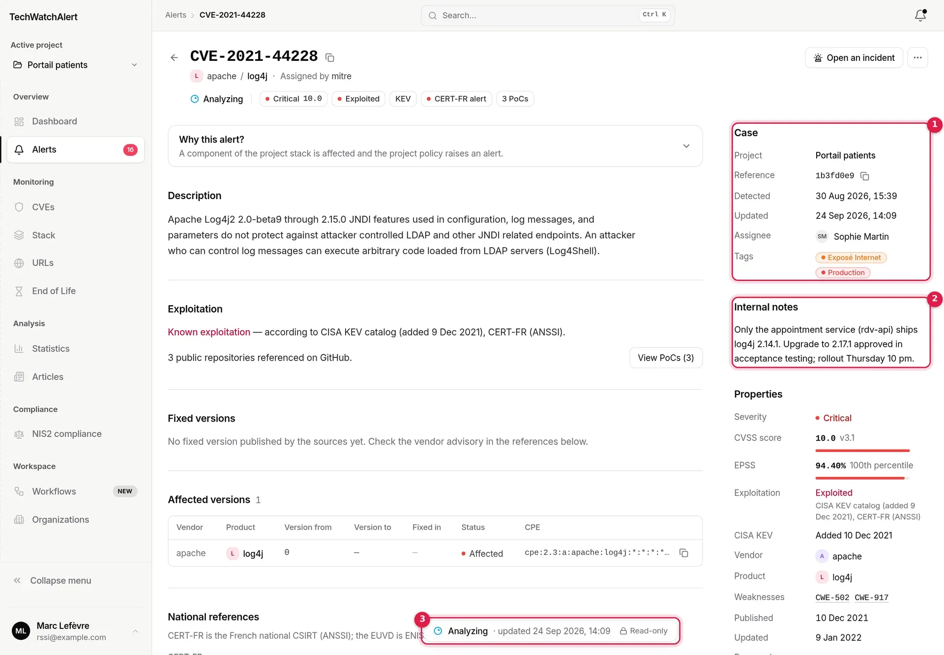 CVE-2021-44228 record seen by Marc Lefèvre, User: Case section without controls, notes as text, bar reduced to the status and Read-only