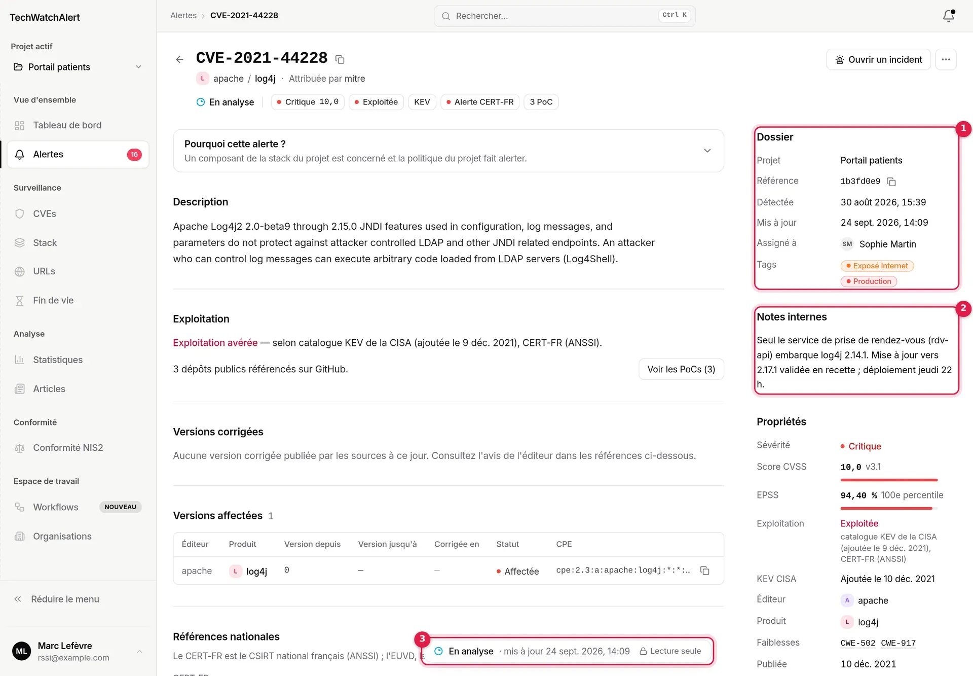 Fiche de CVE-2021-44228 vue par Marc Lefèvre, Utilisateur : section Dossier sans contrôle, notes en texte, barre réduite au statut et à Lecture seule