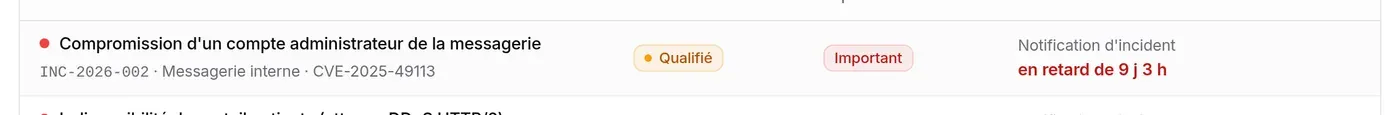 Ligne INC-2026-002 : qualifié, important, notification en retard