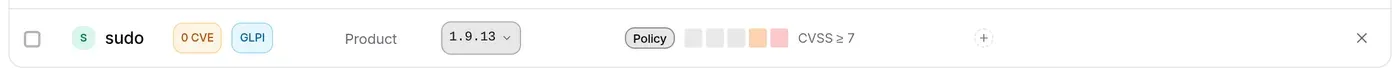 sudo row: no CVE mentions it yet, and it comes from the GLPI connector