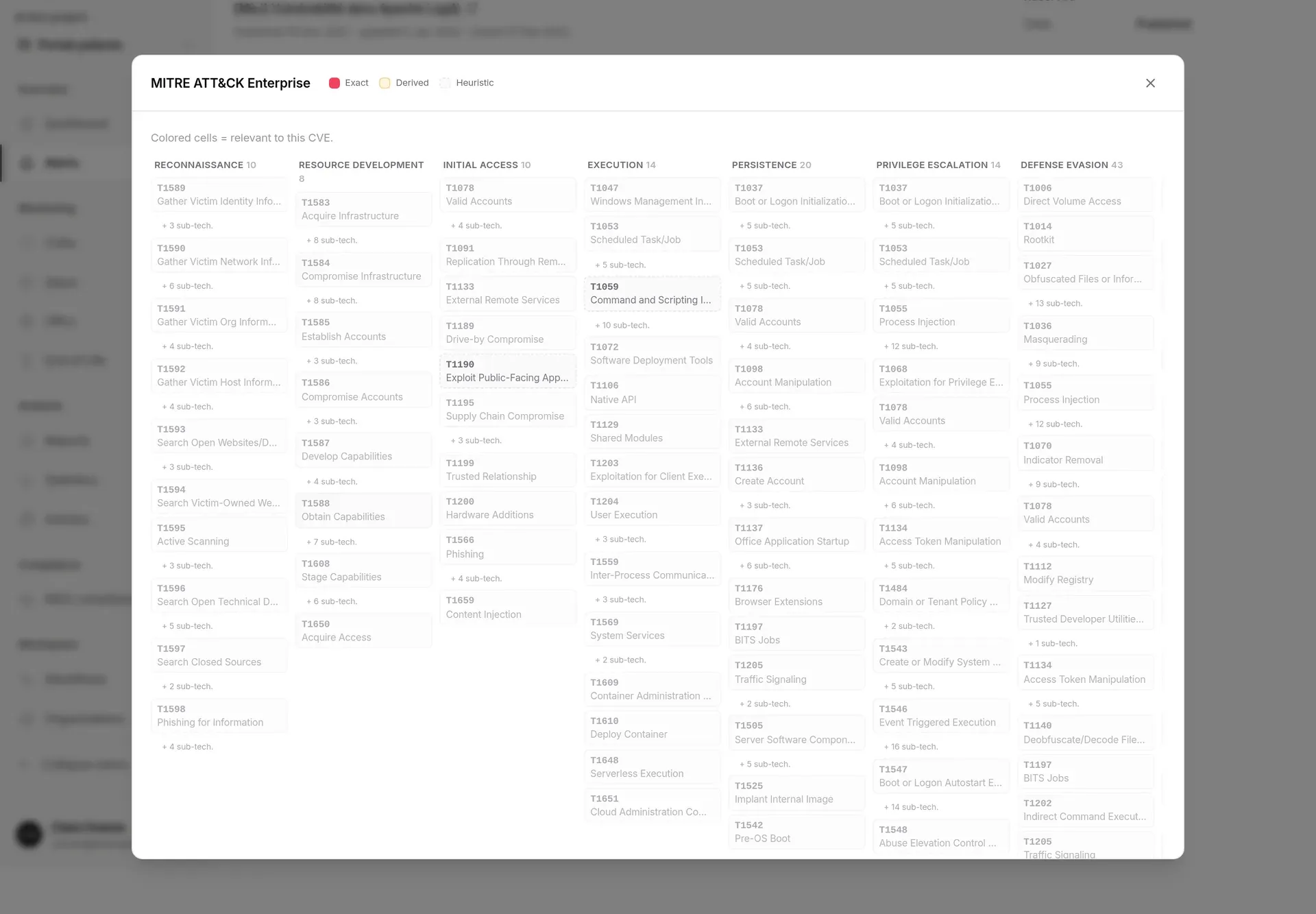 ATT&CK Enterprise matrix open, legend Exact, Derived, Heuristic