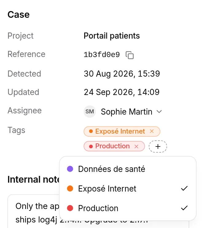 Tag list open: Données de santé, Exposé Internet ticked, Production ticked