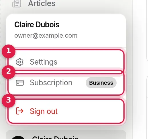 User menu open: name and address, Settings, Abonnement with the Business plan, Sign out