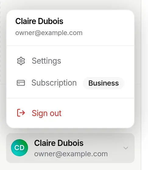 The user menu open