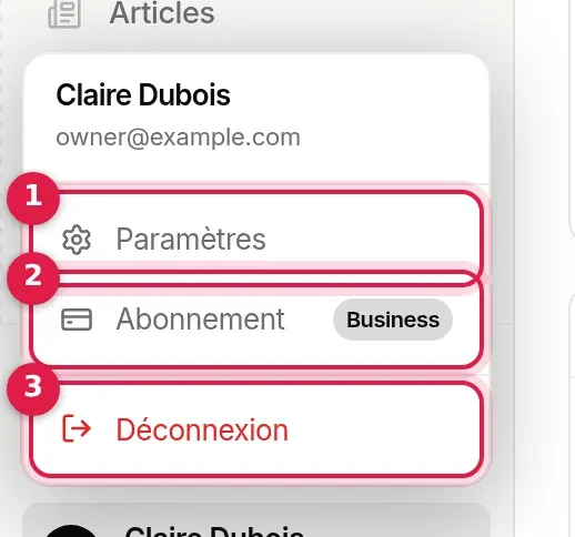 Menu utilisateur ouvert : nom et adresse, Paramètres, Abonnement avec l’offre Business, Déconnexion