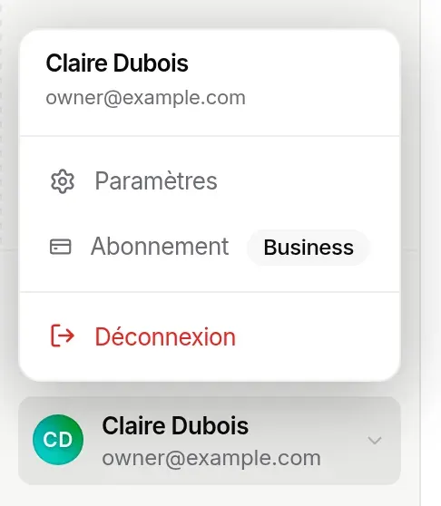 Menu utilisateur ouvert : Paramètres, Abonnement, Déconnexion