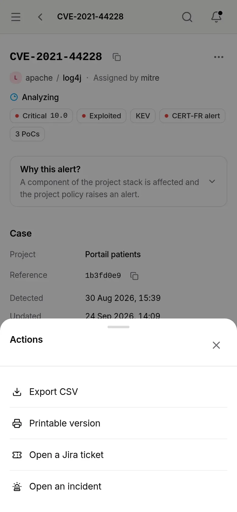 Actions sheet: Export CSV, Printable version, Open a Jira ticket, Open an incident