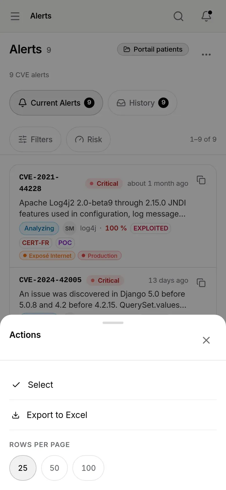 Actions sheet: Select, Export to Excel, Rows per page
