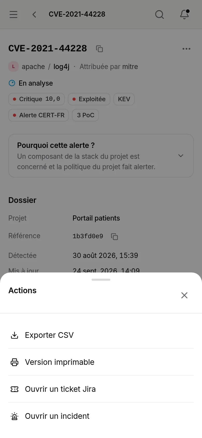 Feuille Actions : Exporter CSV, Version imprimable, Ouvrir un ticket Jira, Ouvrir un incident