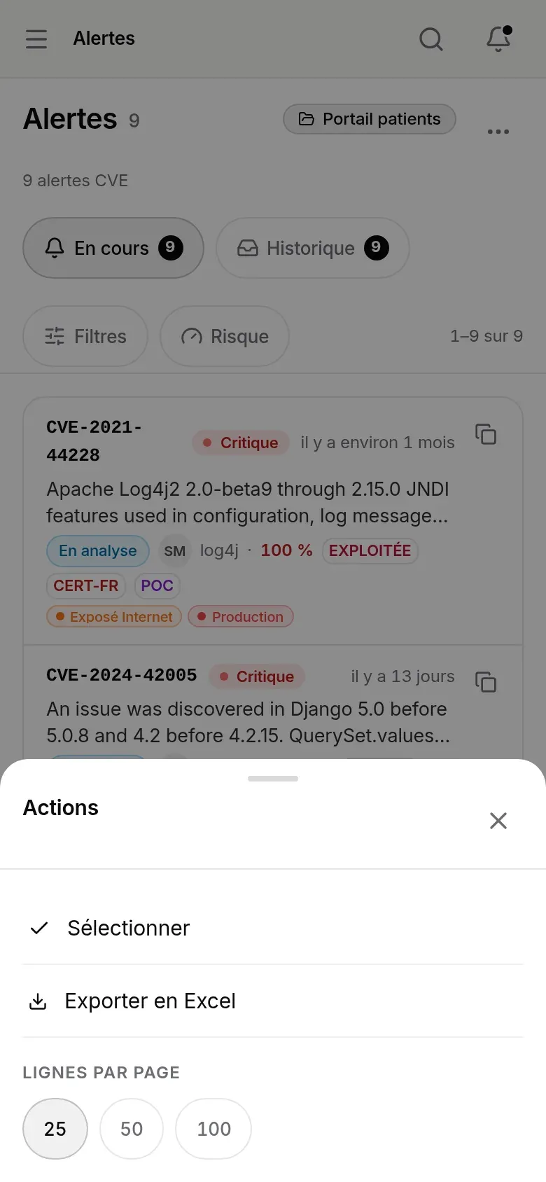 Feuille Actions : Sélectionner, Exporter en Excel, Lignes par page