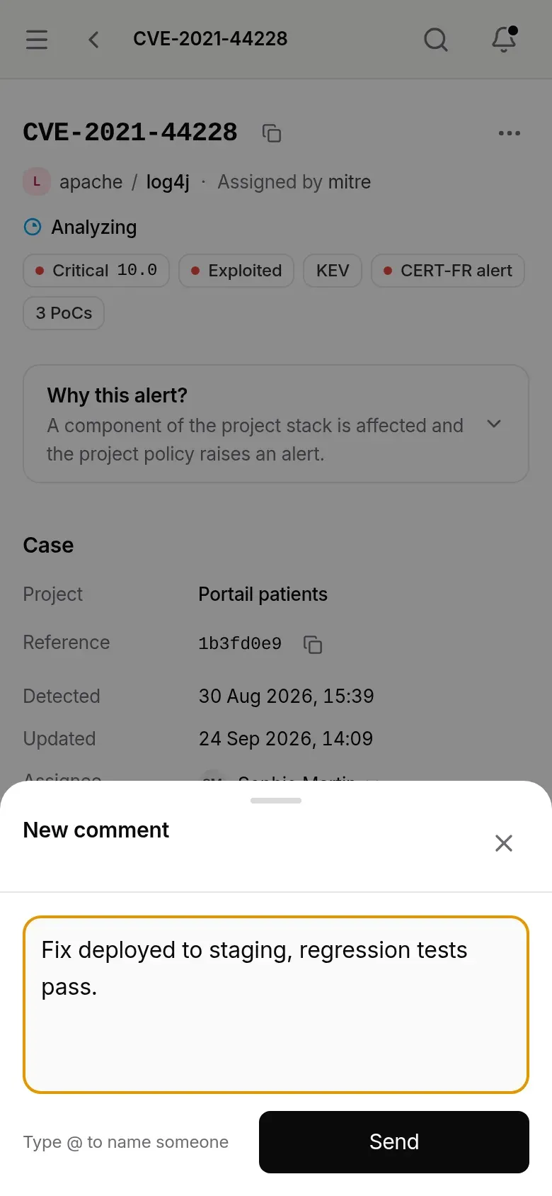 New comment sheet, draft typed, Send button