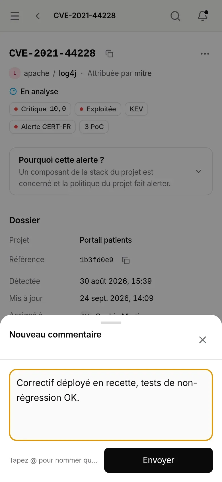 Feuille Nouveau commentaire, brouillon saisi, bouton Envoyer
