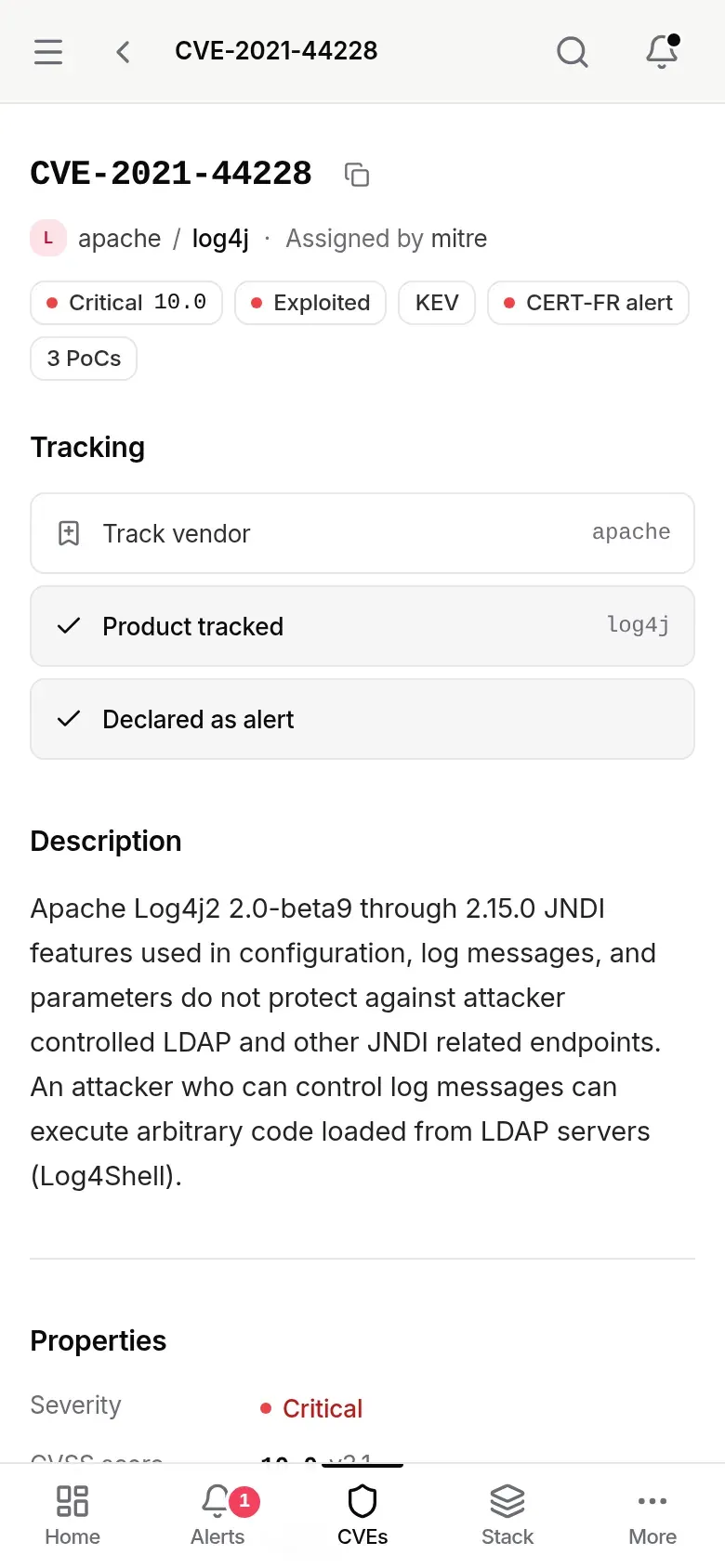 CVE record on a phone: header, Tracking, Description, Properties