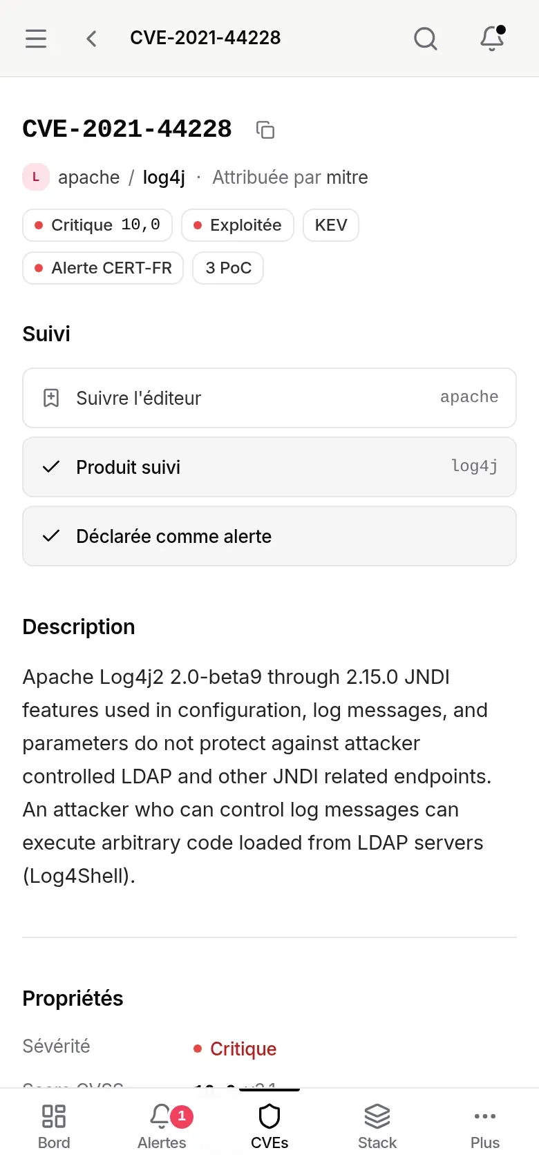 Fiche CVE sur téléphone : en-tête, Suivi, Description, Propriétés