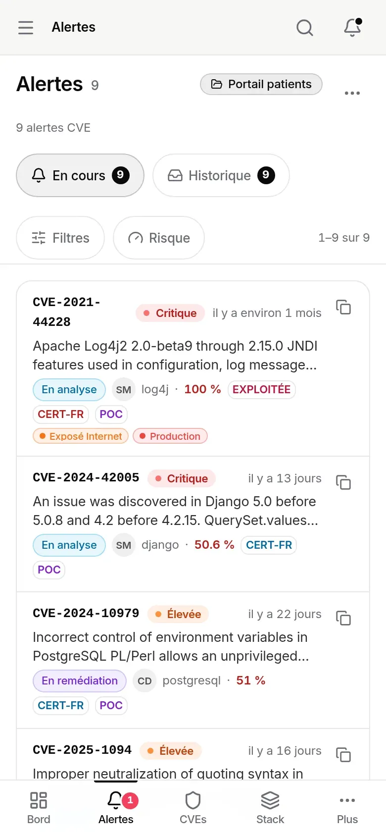Liste des alertes sur téléphone