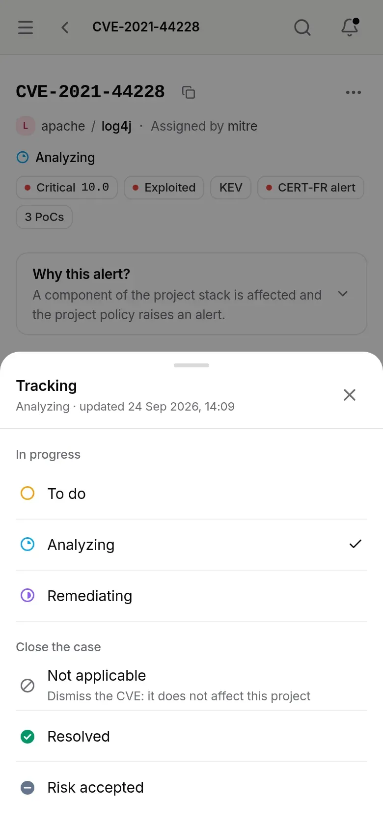 Tracking sheet: In progress (To do, Analyzing ticked, Remediating), Close the case (Not applicable, Resolved, Risk accepted)