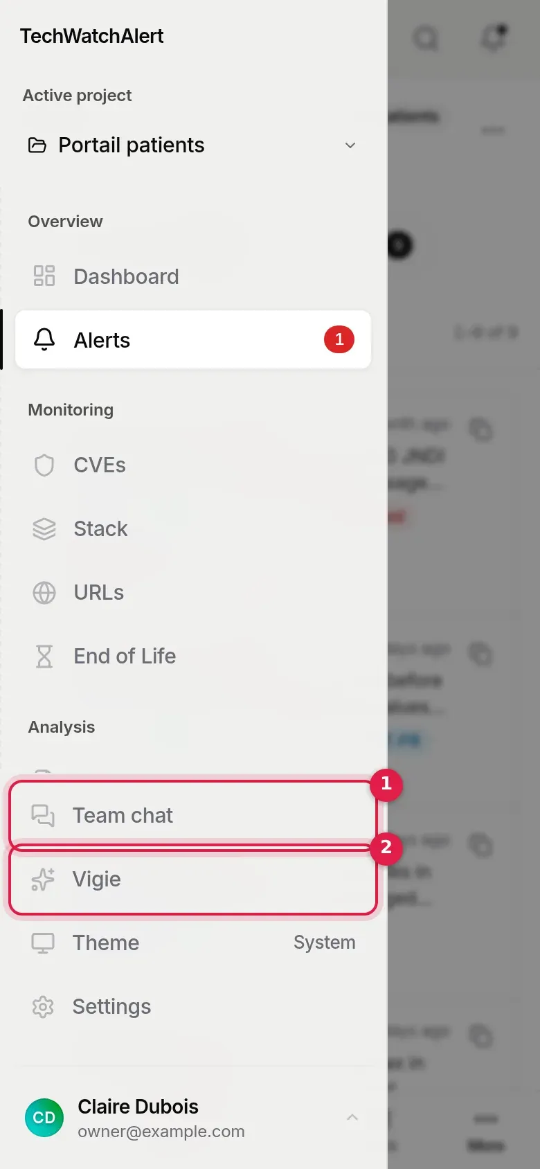 The navigation drawer open on mobile, with the “Team chat” (1) and “Vigie” (2) rows