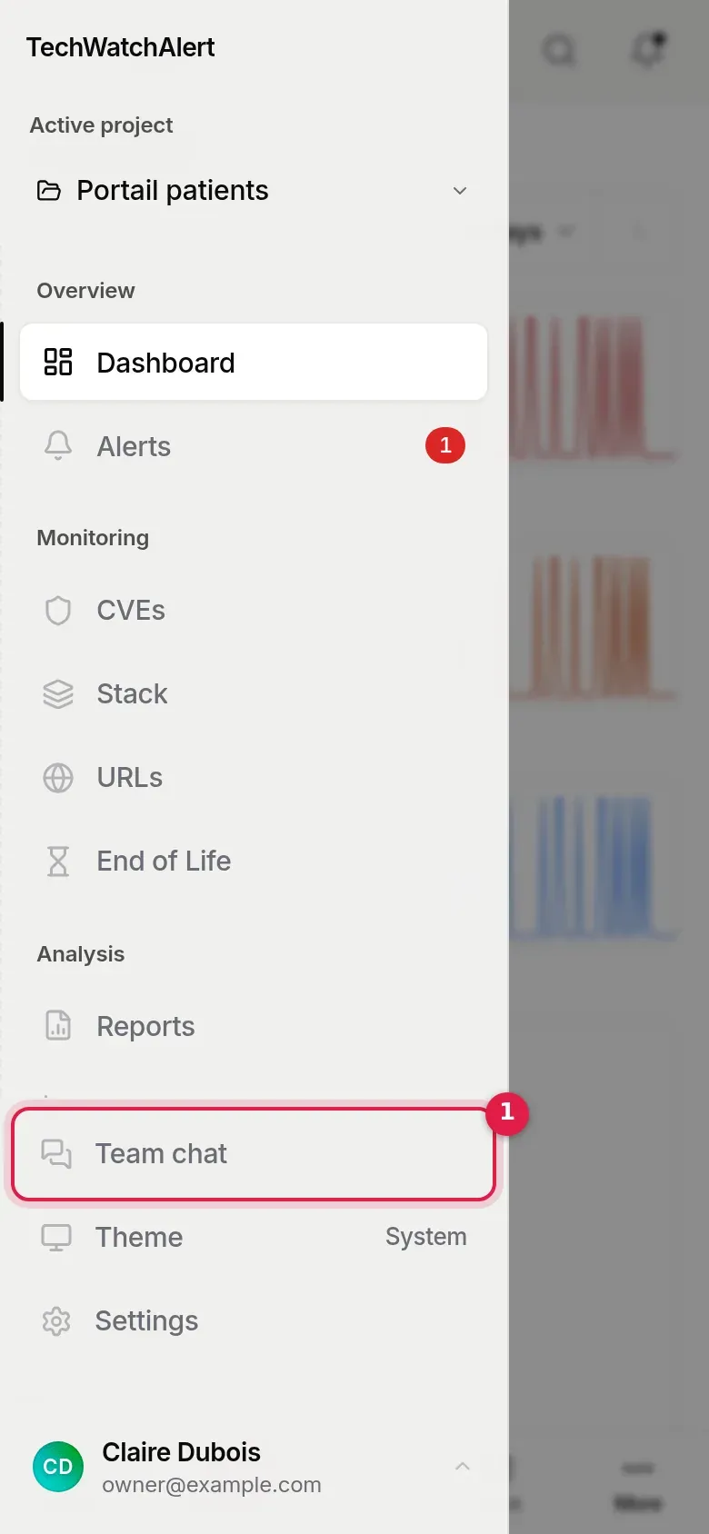 The mobile menu and its “Team chat” row