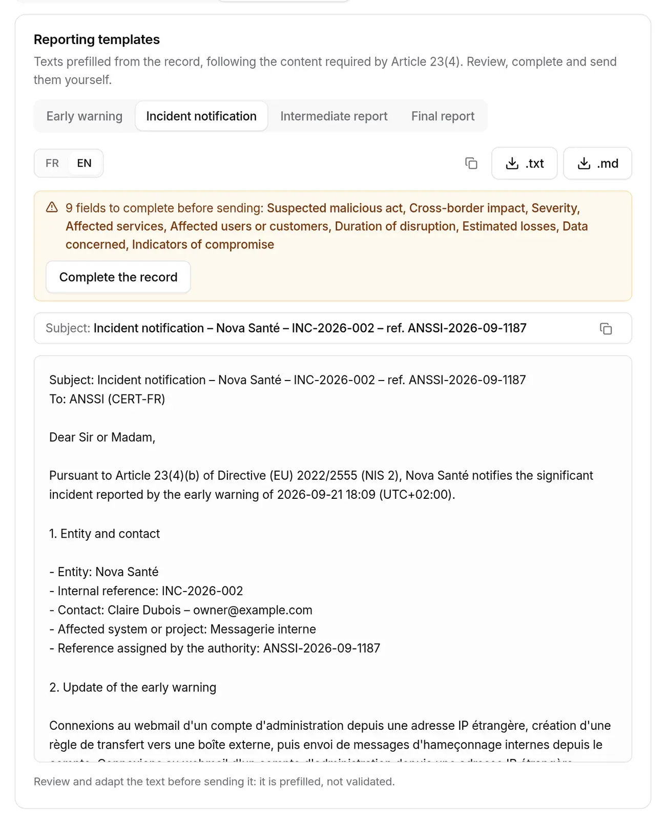 Reporting templates, Incident notification step: fields to complete, subject, prefilled text