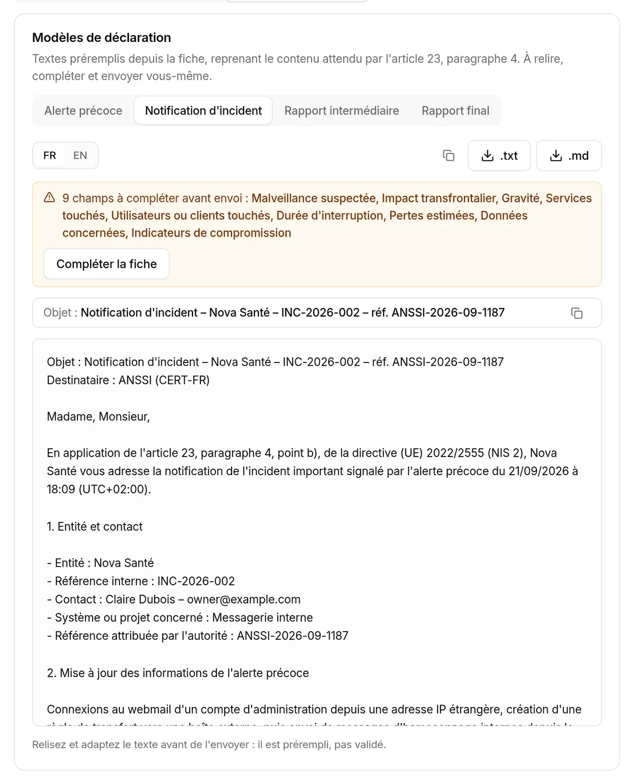 Modèles de déclaration, étape Notification d’incident : champs à compléter, objet, texte prérempli