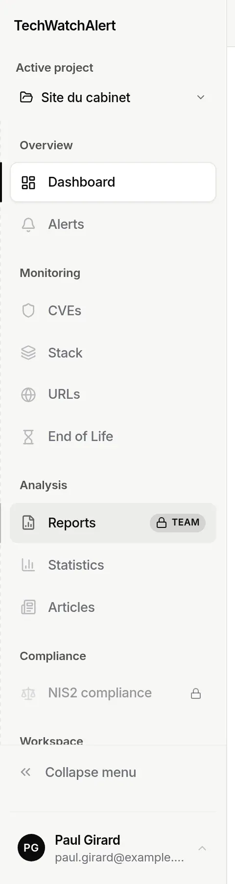 Sidebar of a project on Free: Reports and NIS2 compliance carry a padlock; on hover, “Team”