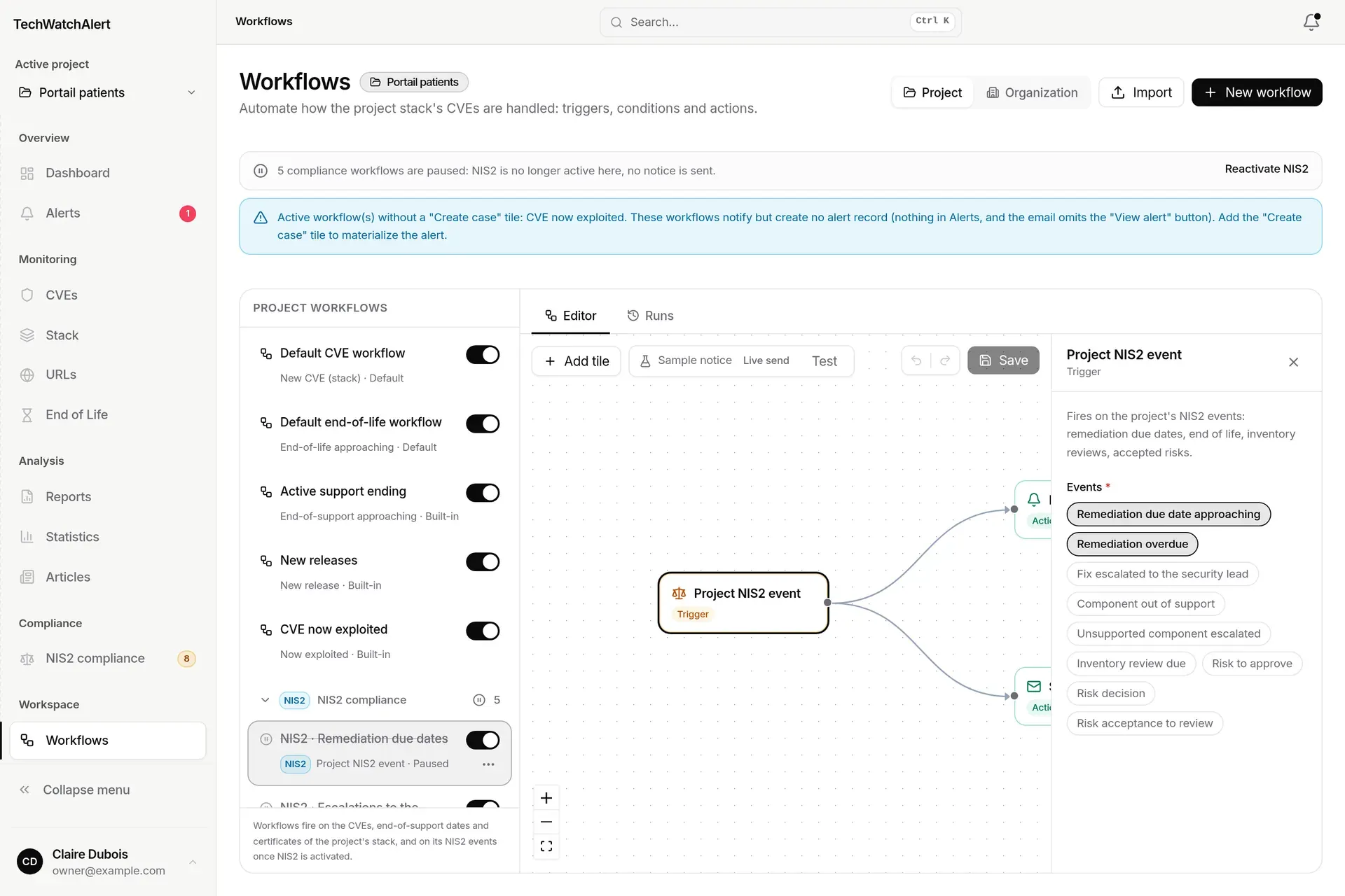 NIS2 · Remediation due dates workflow open, Project NIS2 event trigger panel