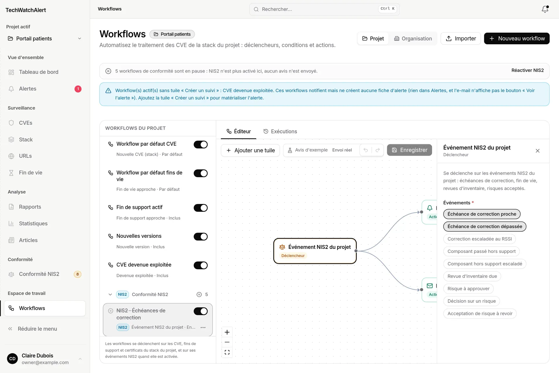 Workflow NIS2 · Échéances de correction ouvert, panneau du déclencheur Événement NIS2 du projet