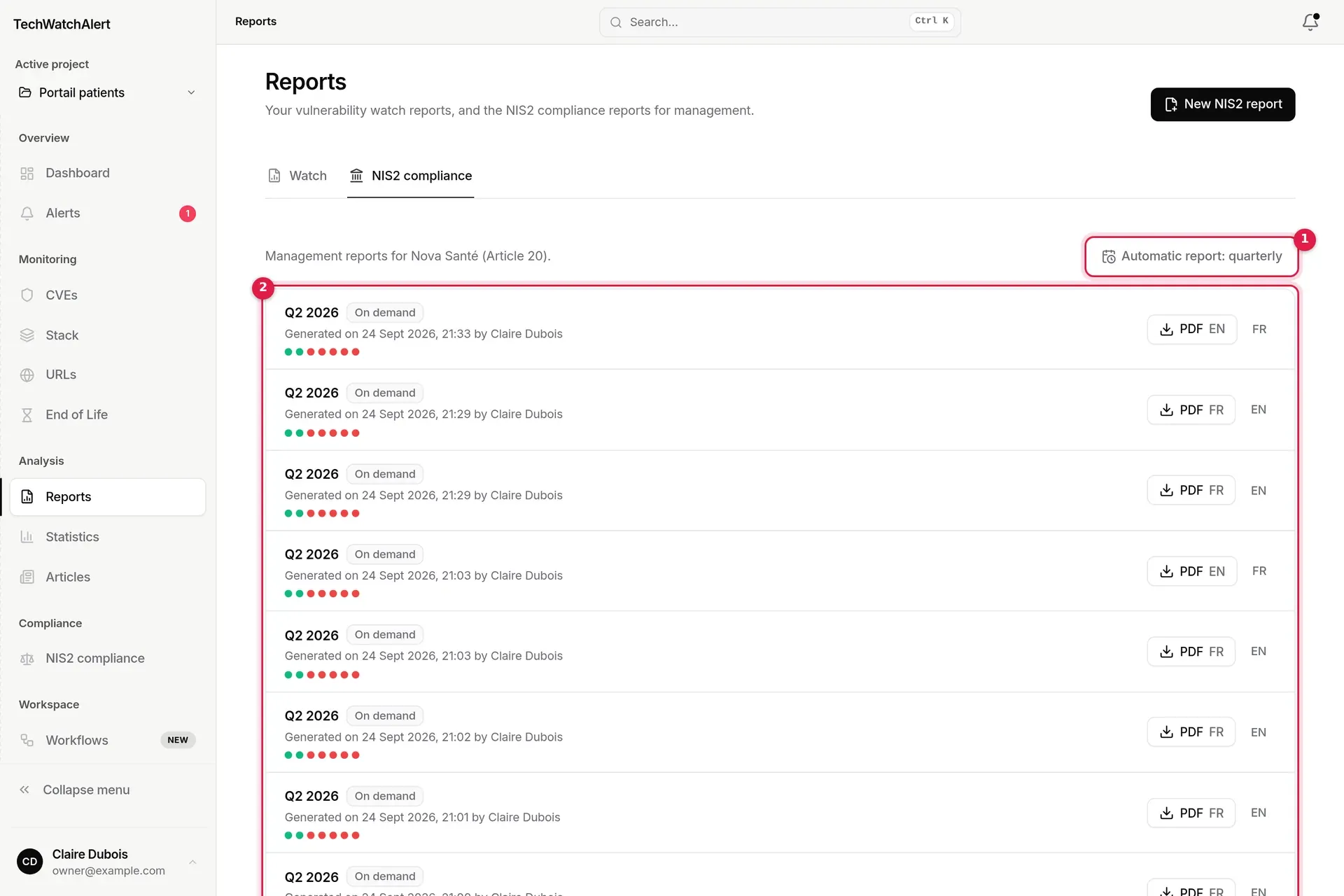 NIS2 compliance tab: management reports for Nova Santé
