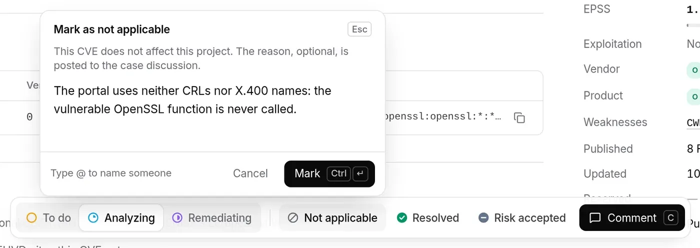 Mark as not applicable panel, reason typed: the portal uses neither CRLs nor X.400 names