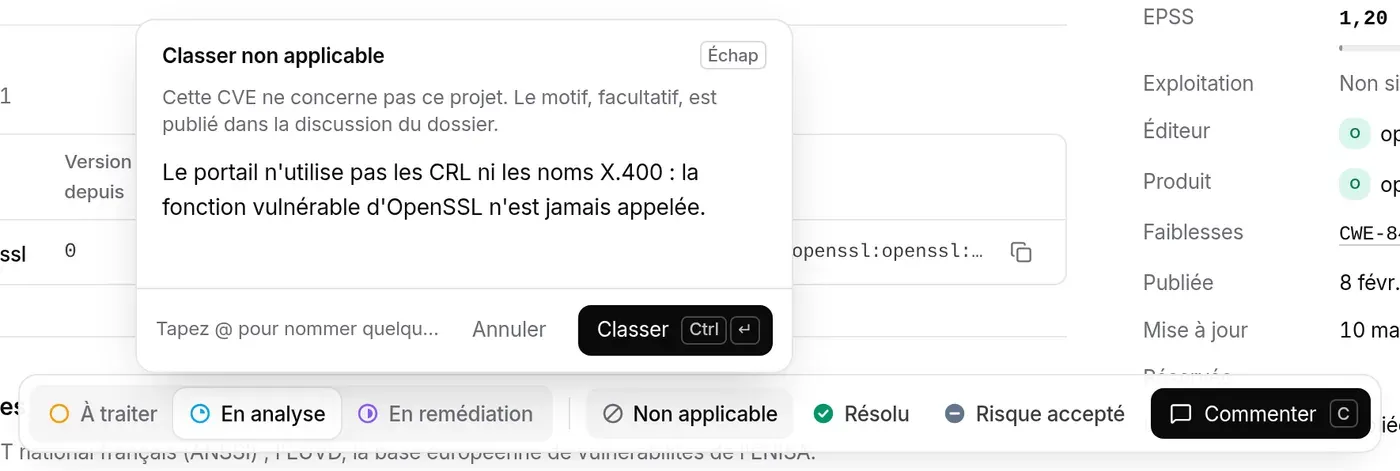 Panneau Classer non applicable, motif saisi : le portail n’utilise pas les CRL ni les noms X.400