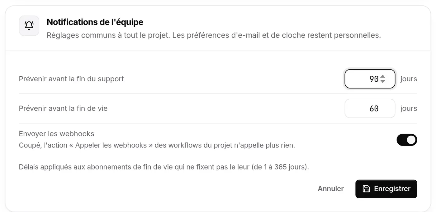 Délai de fin du support porté à 90 jours : boutons Annuler et Enregistrer