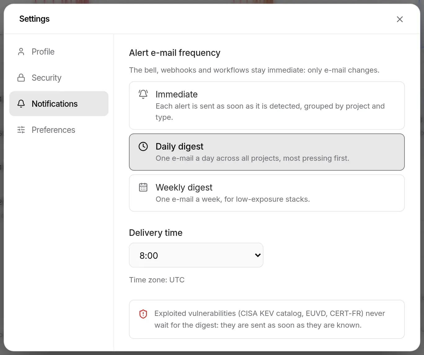 Notifications tab: immediate, daily digest (selected) and weekly digest options, sending time