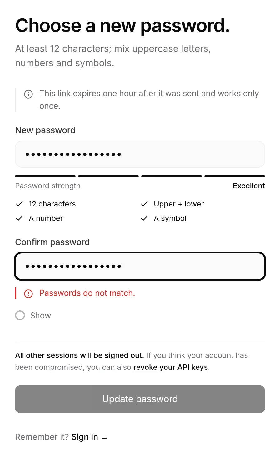 New password: gauge, rules and a confirmation that does not match