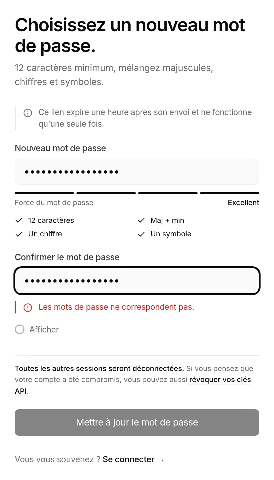 Nouveau mot de passe : jauge, règles et confirmation qui ne correspond pas