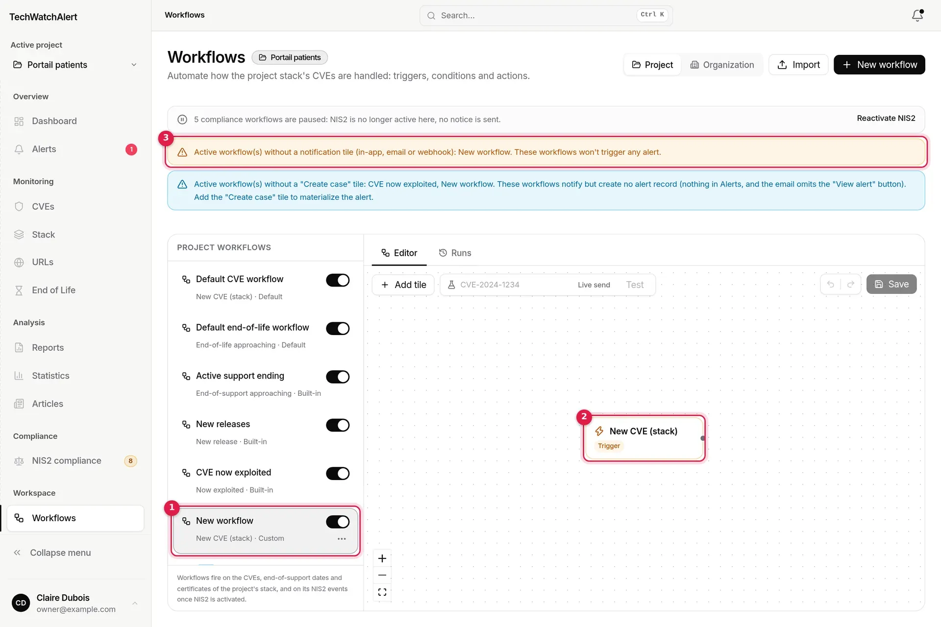 Newly created workflow: the New workflow card, its lone trigger, the warning banners