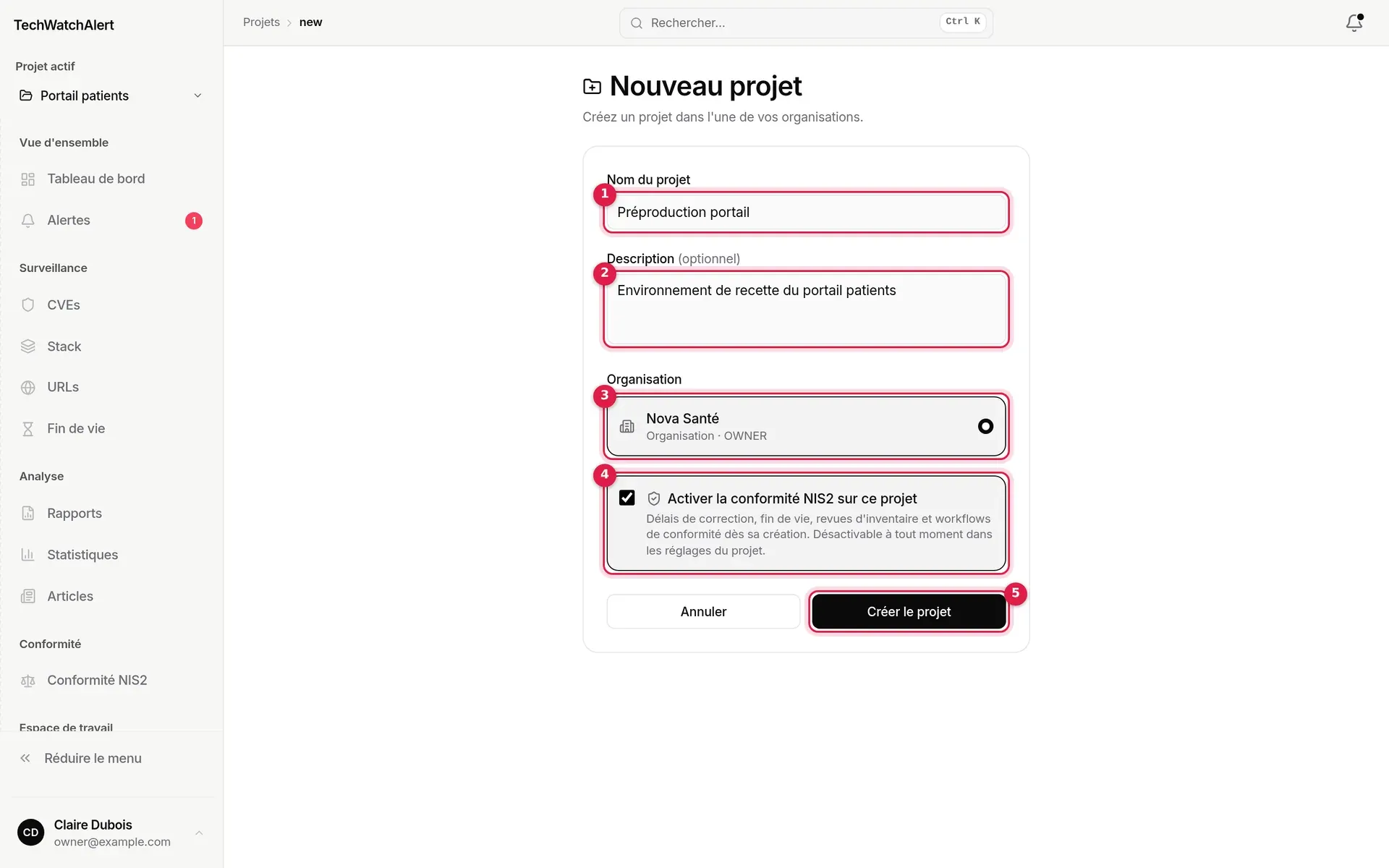 Page Nouveau projet : nom, description, organisation Nova Santé, case NIS2 cochée