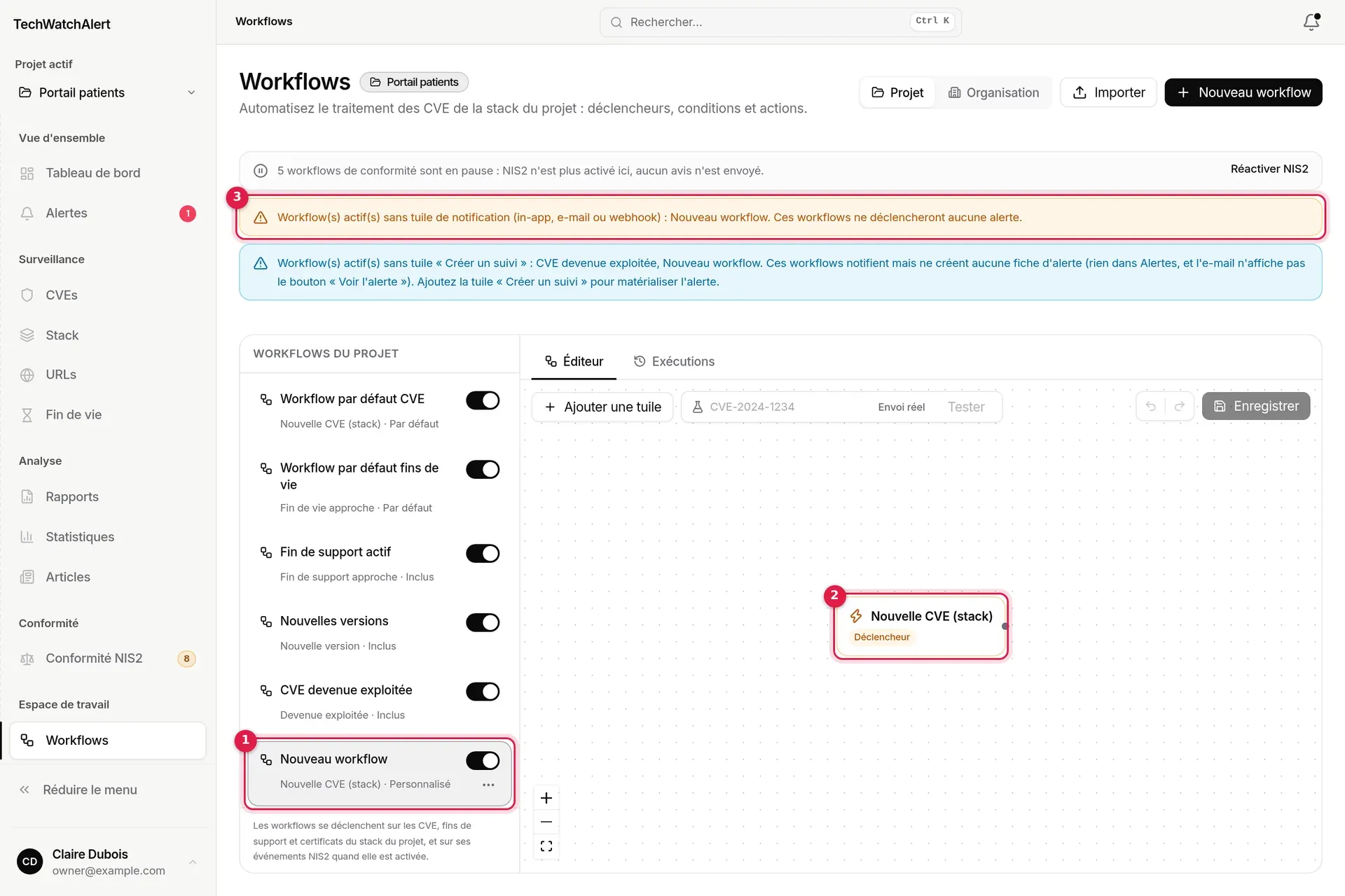 Workflow tout juste créé : la carte Nouveau workflow, son déclencheur seul, les bandeaux d’avertissement