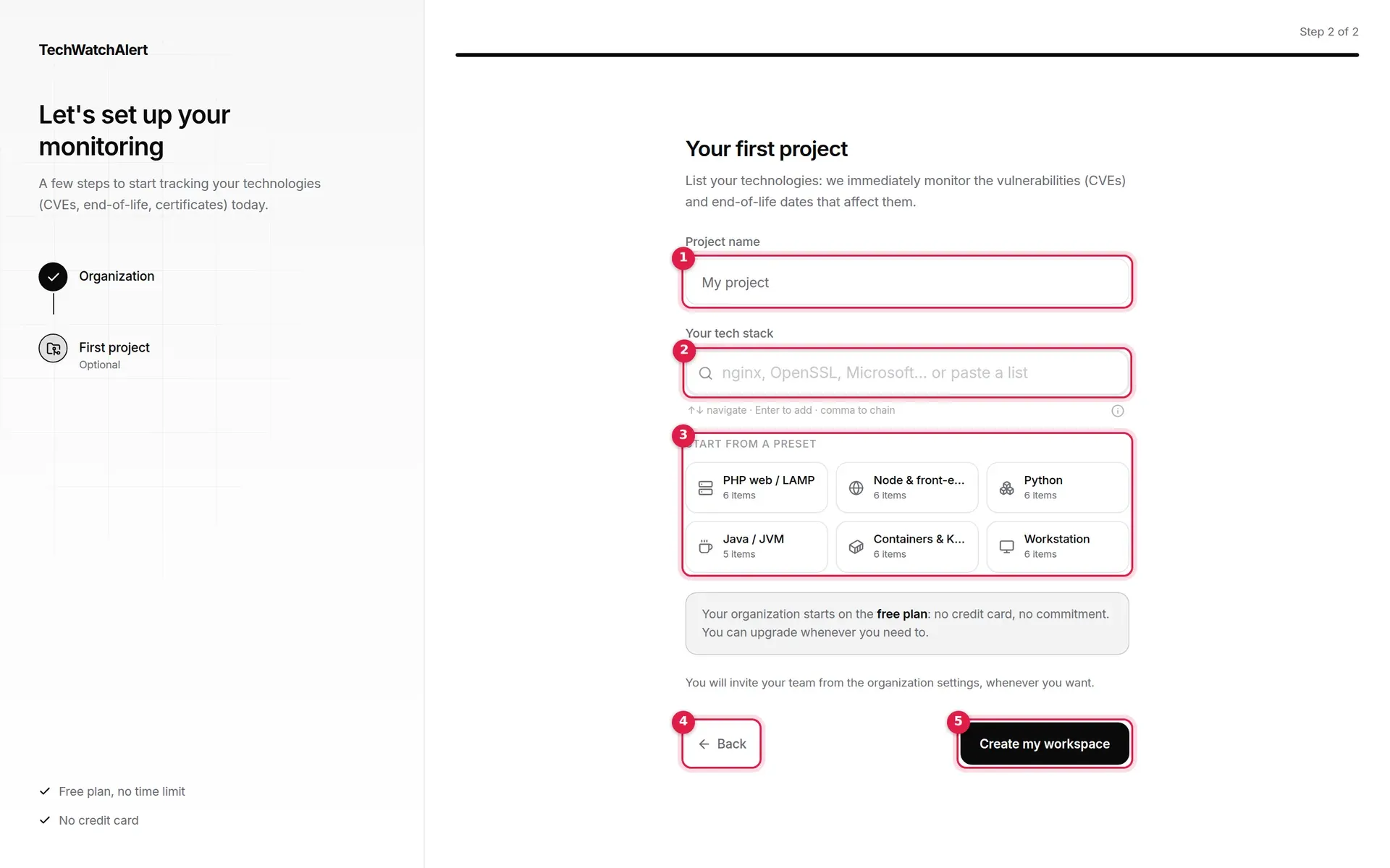 Second step: the first project and its stack