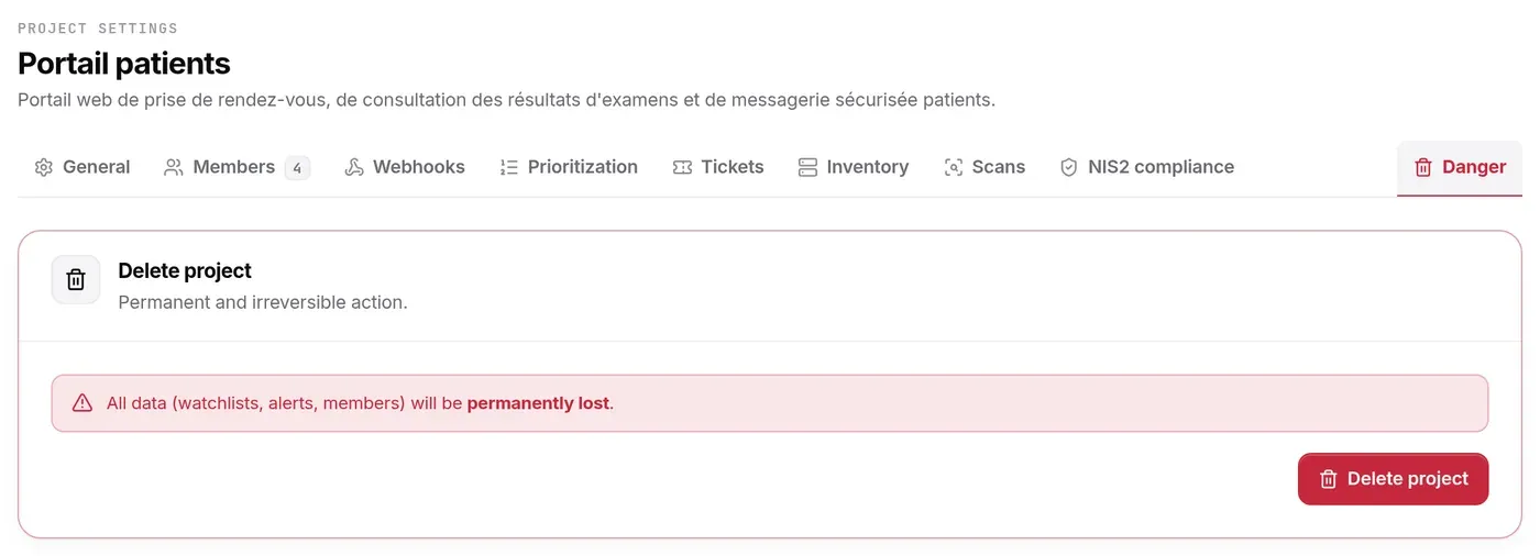 Delete the project: warning about permanent loss and Delete project button