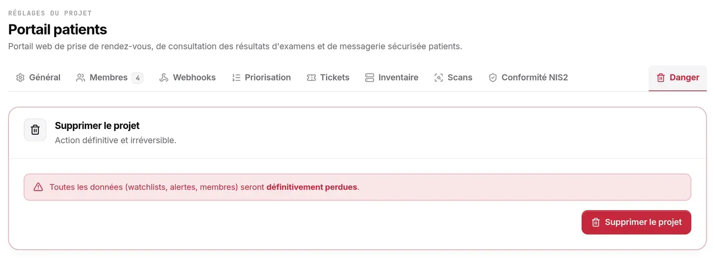 Supprimer le projet : avertissement de perte définitive et bouton Supprimer le projet