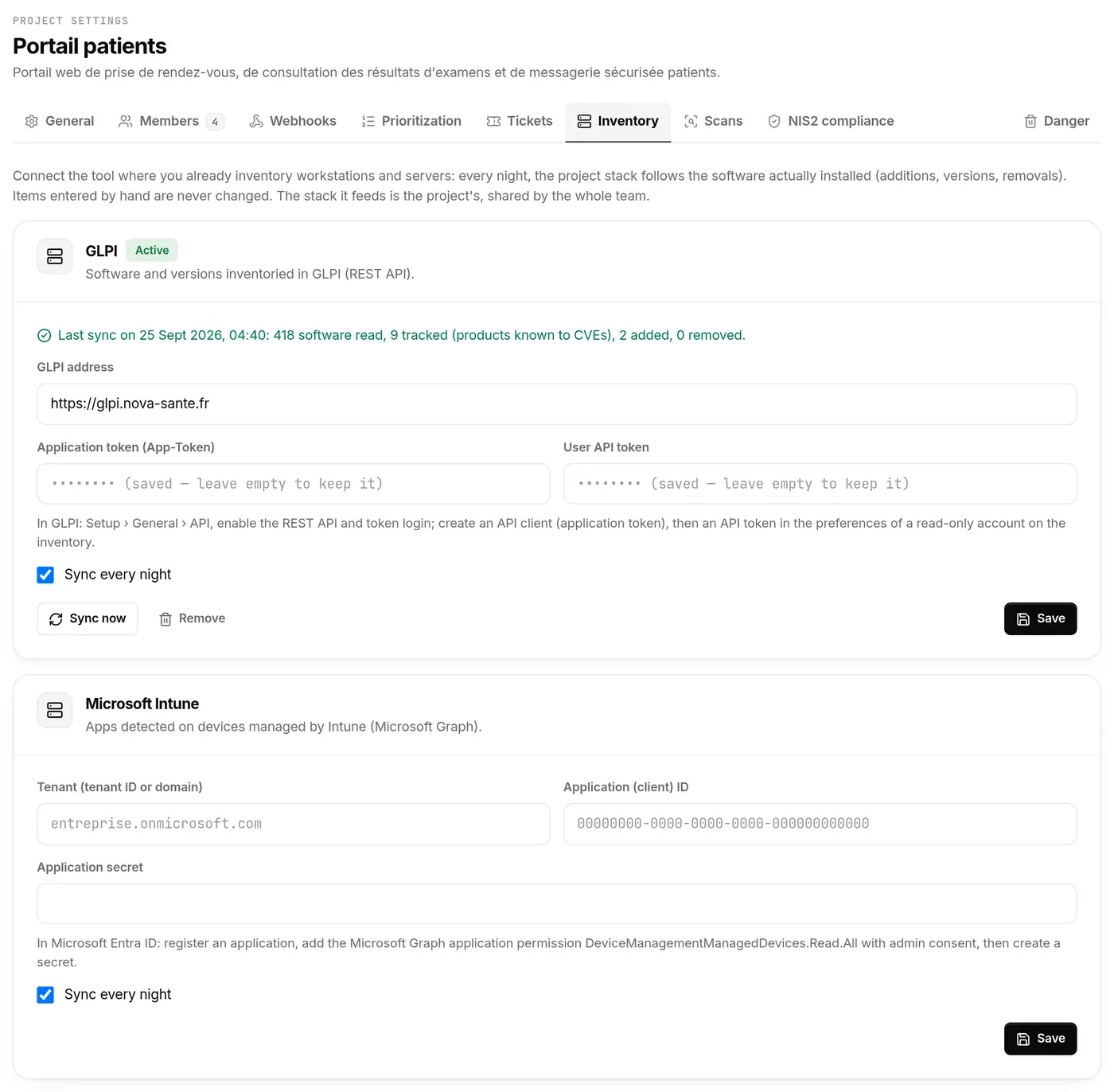 Inventory: GLPI connector (address, application token, user API token, nightly sync)