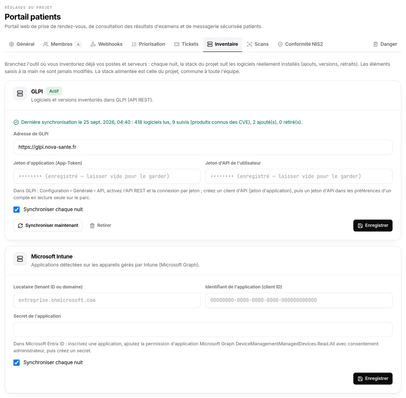 Inventaire : connecteur GLPI (adresse, jeton d’application, jeton d’API utilisateur, synchronisation nocturne)