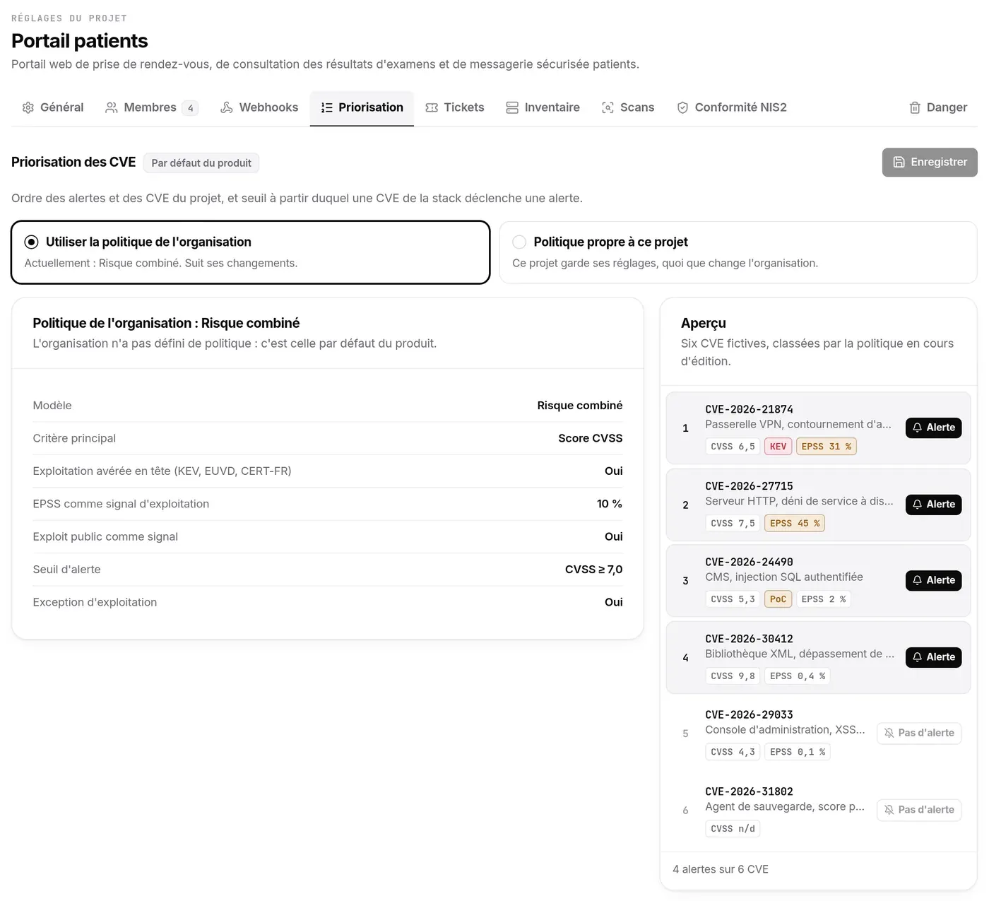 Priorisation du projet : choix entre la politique de l’organisation et une politique propre, résumé Risque combiné et aperçu sur six CVE fictives