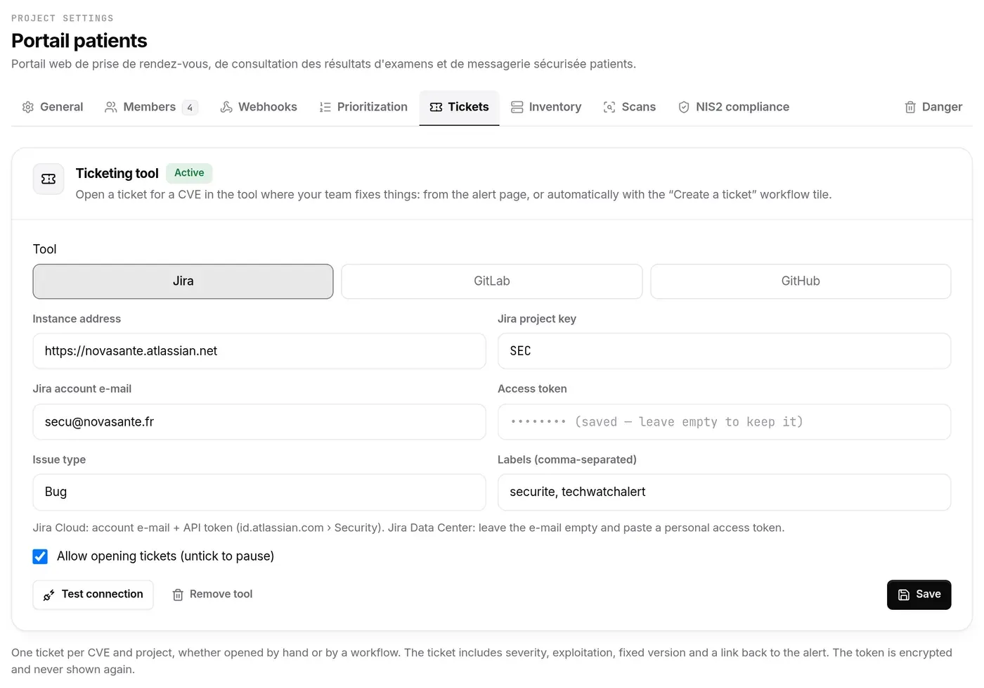 Tickets: Jira tool active, instance address, project key, account email, stored token