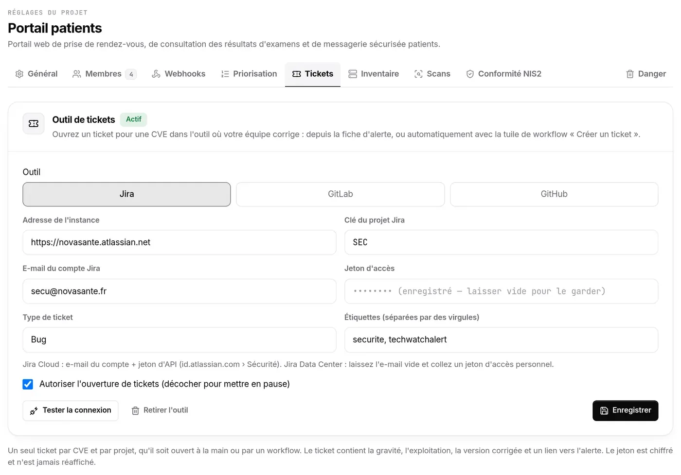 Tickets : outil Jira actif, adresse de l’instance, clé de projet, e-mail du compte, jeton enregistré
