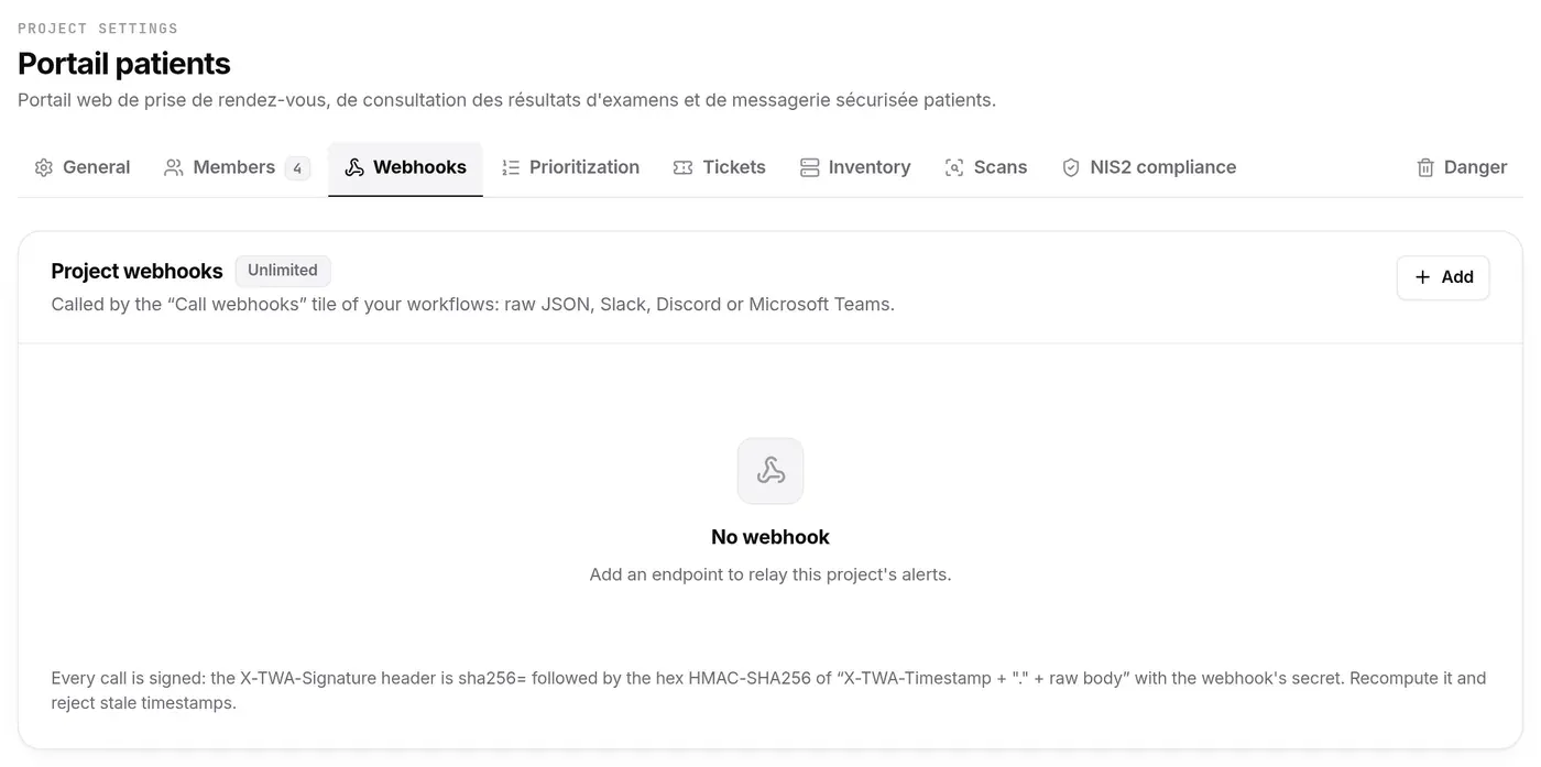 Webhooks of Portail patients: no webhook, Unlimited badge, Add button, reminder of how calls are signed