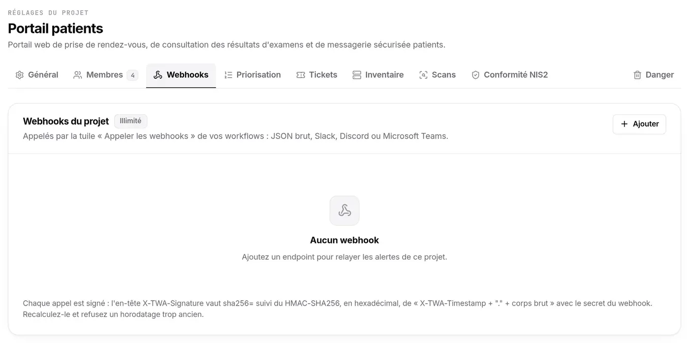 Webhooks du projet Portail patients : aucun webhook, pastille Illimité, bouton Ajouter, rappel de la signature des appels