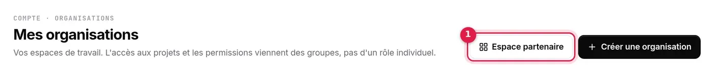 Bouton Espace partenaire de la page Mes organisations